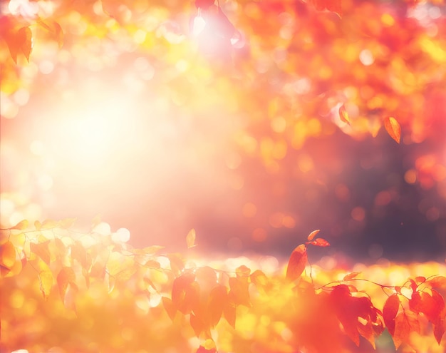 Autumn yellow orange background with leaves and bokeh AI