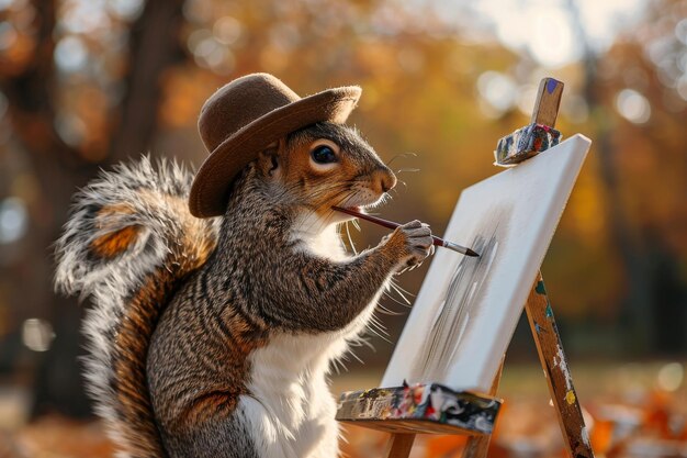 Photo autumnal artist squirrel with easel and paintbrush in park