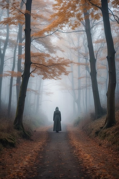 Autumnal Autumn forest foggy path with ghostly figure