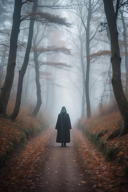 Autumnal Autumn forest foggy path with ghostly figure