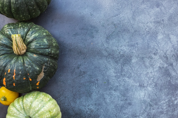 Autumnal Background. Natural autumn fall view pumpkins on dark black stone shale background. Change of seasons ripe organic food concept, Halloween party Thanksgiving day. Flat lay top view copy space