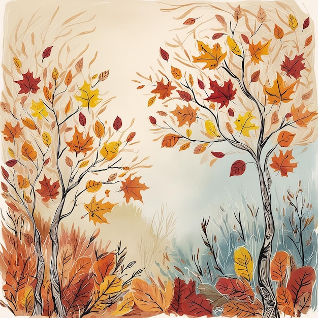 Photo autumnal beauty handdrawn tree with colorful leaves