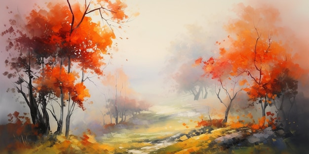 Autumnal Blaze Spatula Painting of Vibrant Trees on a Cool October Day