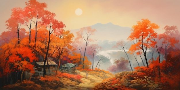 Autumnal Blaze Spatula Painting of Vibrant Trees on a Cool October Day