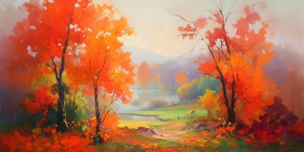 Autumnal Blaze Spatula Painting of Vibrant Trees on a Cool October Day