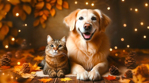 Autumnal Bliss With Cheerful Golden Retriever And Serene Tabby Cat