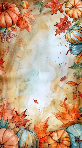 Autumnal border with pumpkins and leaves Blank center flanked by fall harvest decorations Concept of autumn greeting card harvest festival background Thanksgiving invitation Watercolor Vertical