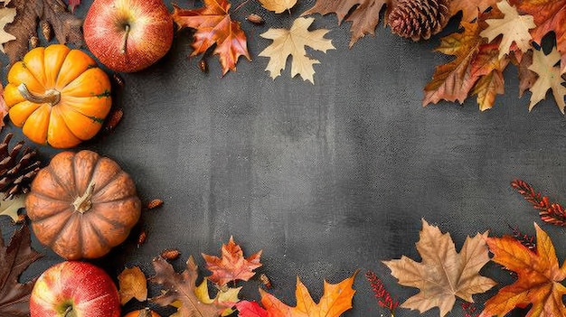 Autumnal Bounty Pumpkins Apples and Falling Leaves