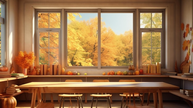 An autumnal classroom setting with warm earthy tones where a window reveals a breathtaking