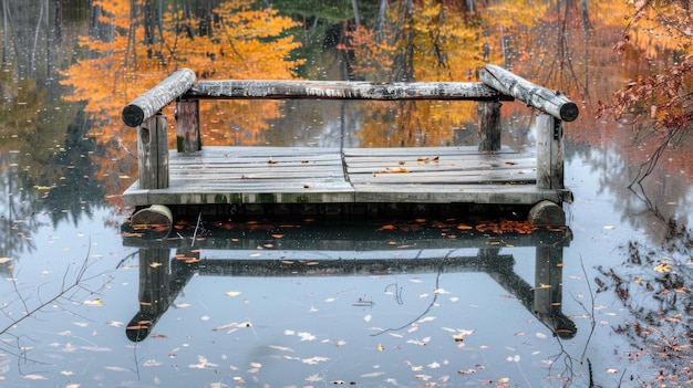 Autumnal colors reflecting on a wooden bridge over a pond with a wooden platform background