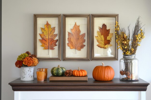 Autumnal Decor with Framed Leaves Pumpkins and Flowers