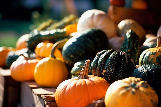 Autumnal display row of big orange pumpkins on pile at all hallows eve in october Colorful vegetables texture shot for Thanksgiving Day and Halloween holidays background generated AI