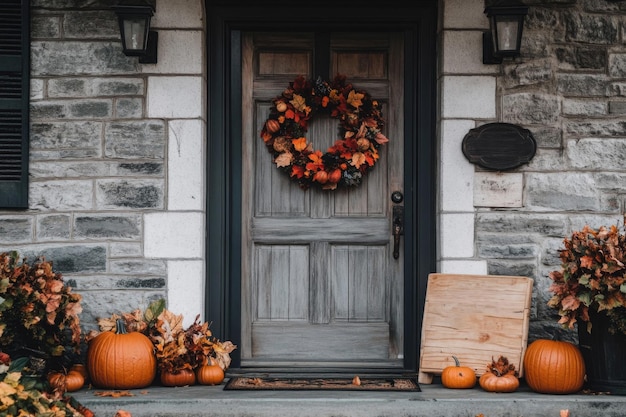 Autumnal Doorway Decor with Pumpkins and Wreath