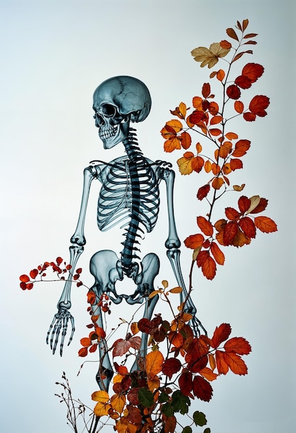 Photo autumnal embrace a skeleton amidst vibrant foliage