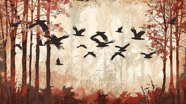 Photo autumnal equinox forest silhouette with silhouettes of birds