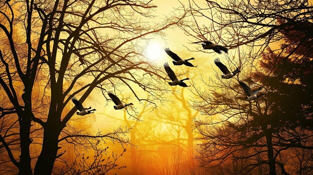 Photo autumnal equinox forest silhouette with silhouettes of birds