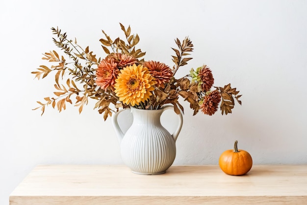 Photo autumnal floral arrangement with pumpkin and white vase on wooden tabletop