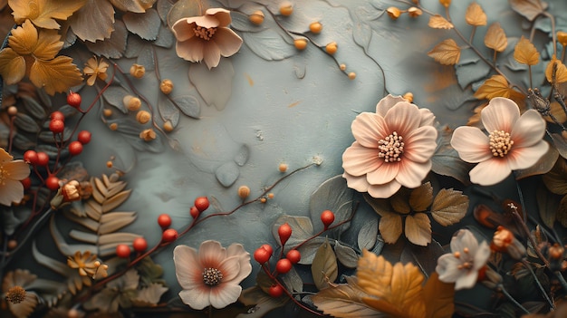 Autumnal Floral Artwork with Earth Tones and Textured Details