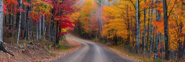 Autumnal Forest Road A winding dirt road through a beautiful forest during the autumn season The trees are ablaze with vibrant colors of red yellow and orange