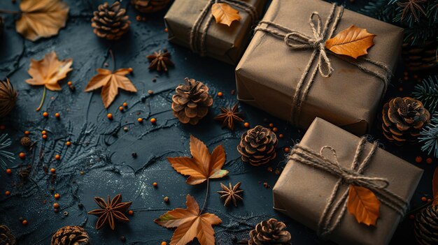 Photo autumnal gift wrapping with rustic charm