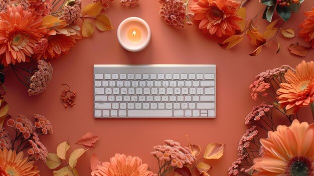 Autumnal Keyboard with Flowers and Candle