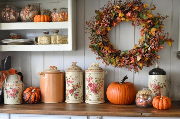 Autumnal Kitchen Decor with Pumpkins Jars and a Wreath