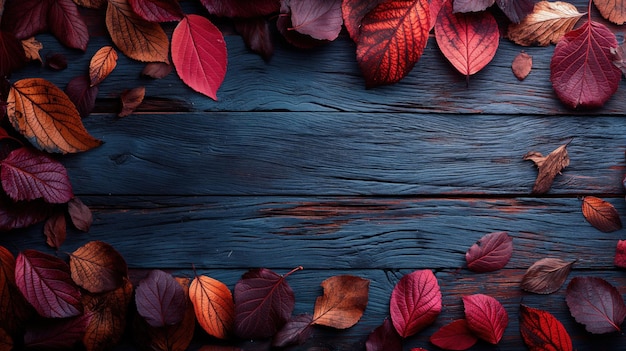 Autumnal leaves on wooden background