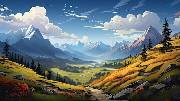 Autumnal Majesty 2D Cartoon Autumnal Mountain Range Game Design a48acd84