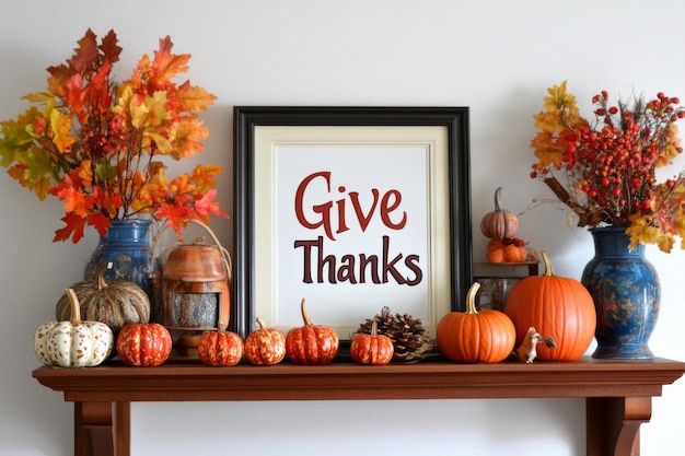 Autumnal Mantel Decor with Give Thanks Sign and Pumpkins