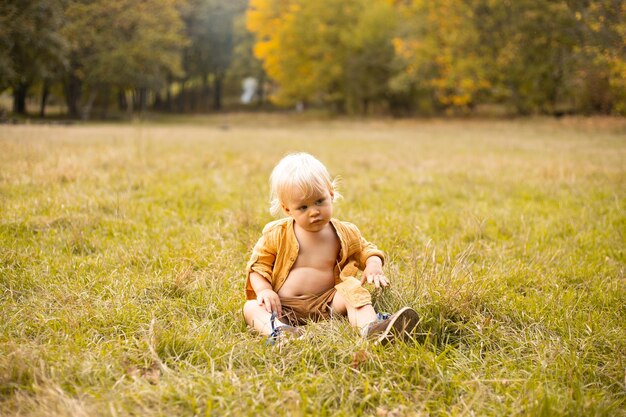 Autumnal mood Little child boy in autumn orange and golder leaves outdoor