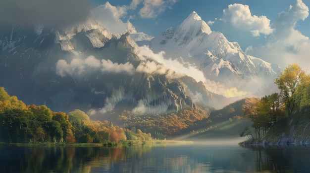 Autumnal Mountain Scene with Reflective Lake An idyllic mountain scene in autumn with a reflective lake showcasing vibrant fall colors and misty mountain peaks in the background