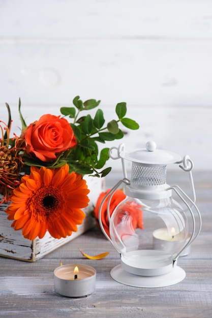 Autumnal orange bouquet with rosa and gerbera