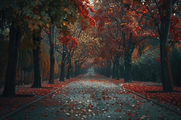 Autumnal Pathway Through a Red and Orange Canopy