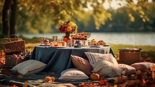 Autumnal picnic in a park surrounded by colorful leaves and pumpkins