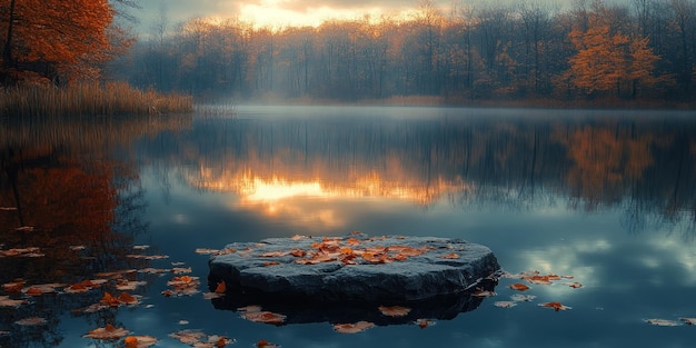 Autumnal Rock Island in a Still Lake at Sunset