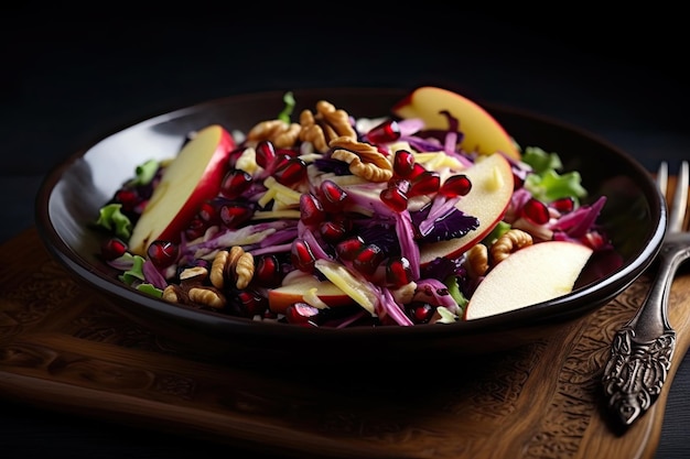 Autumnal salad purple cabbage apple walnuts pumpkin seeds and pomegranate seeds on black background Ai generative