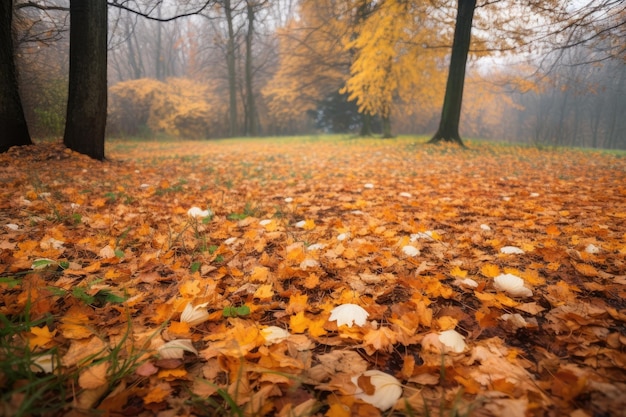 Autumnal scene with yellow and orange leaves on the ground created with generative ai