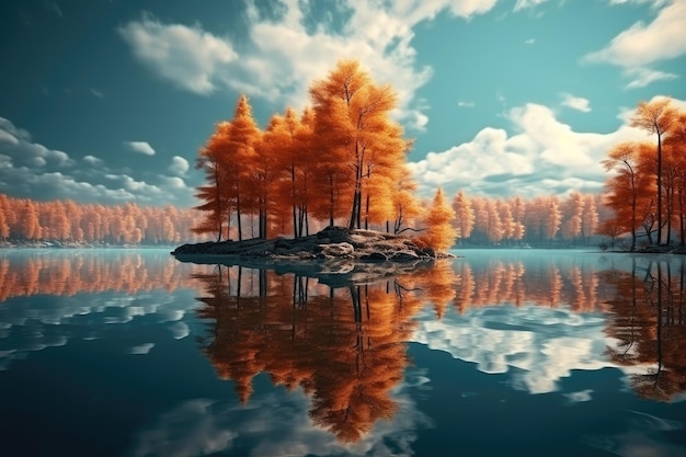 Autumnal Serenity Golden Trees Reflecting on a Still Lake Generative AI