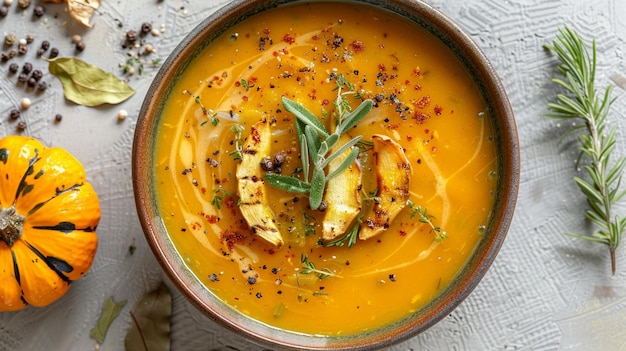 autumnal soup in bowl on grey background