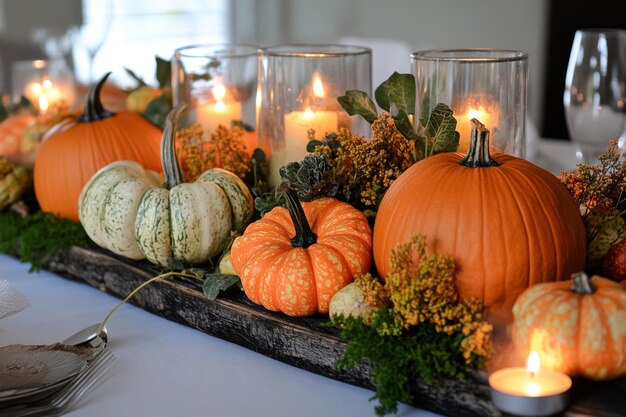 Autumnal Table Centerpiece with Pumpkins and Candles