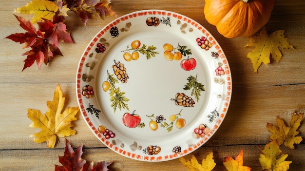 Autumnal Table Setting with a Decorative Plate and Fall Foliage