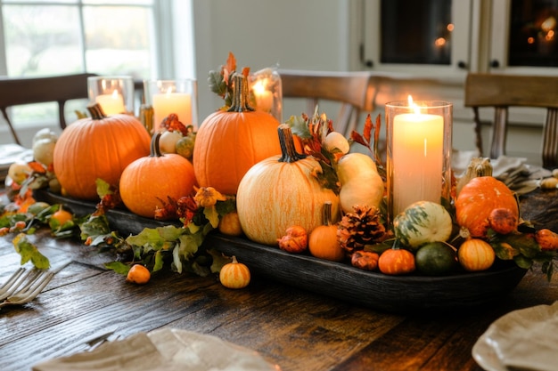 Autumnal Table Setting with Pumpkins Gourds and Candles