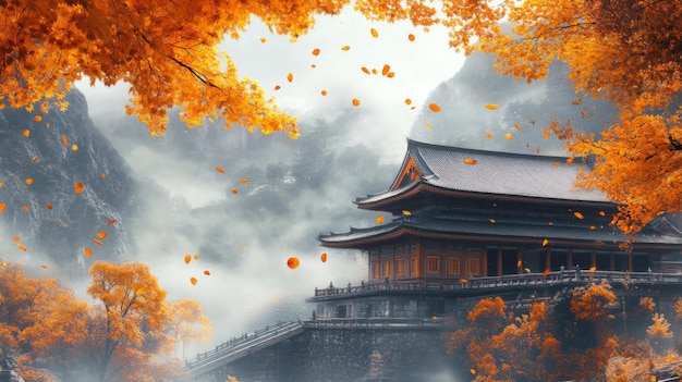 Autumnal Temple Amidst Misty Mountains and Falling Leaves