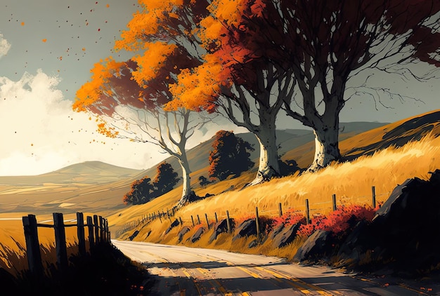 Autumnal trees by the roadside with hills