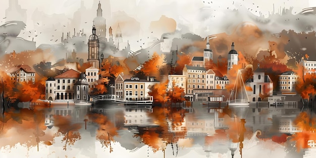 Autumnal Watercolor Cityscape Vibrantly Blending Hues in a Charming Style Concept Cityscape Watercolor Autumnal Vibrant Hues Charming Style