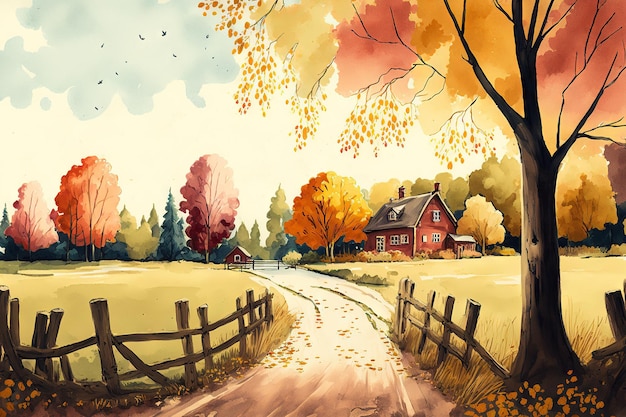 Autumnal watercolor landscape