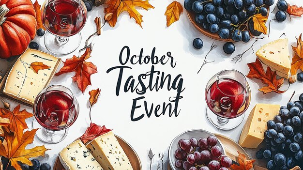 Photo autumnal wine and cheese tasting event with grapes and fall leaves