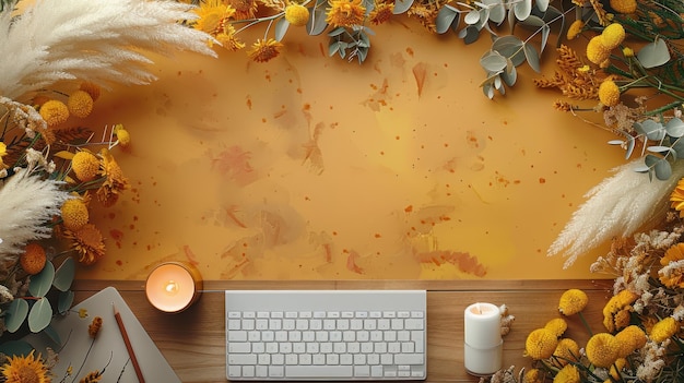 Photo autumnal workspace with flowers and candles