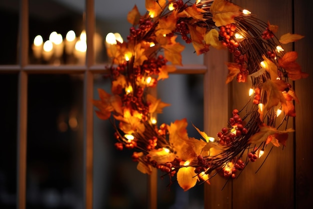 Autumnal wreath with warm lighting welcoming and cozy