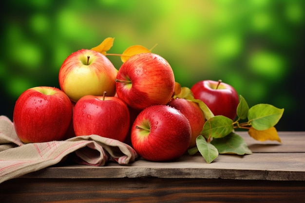 Autumns Bounty Fresh Apples on Wooden Table and Tree Branches